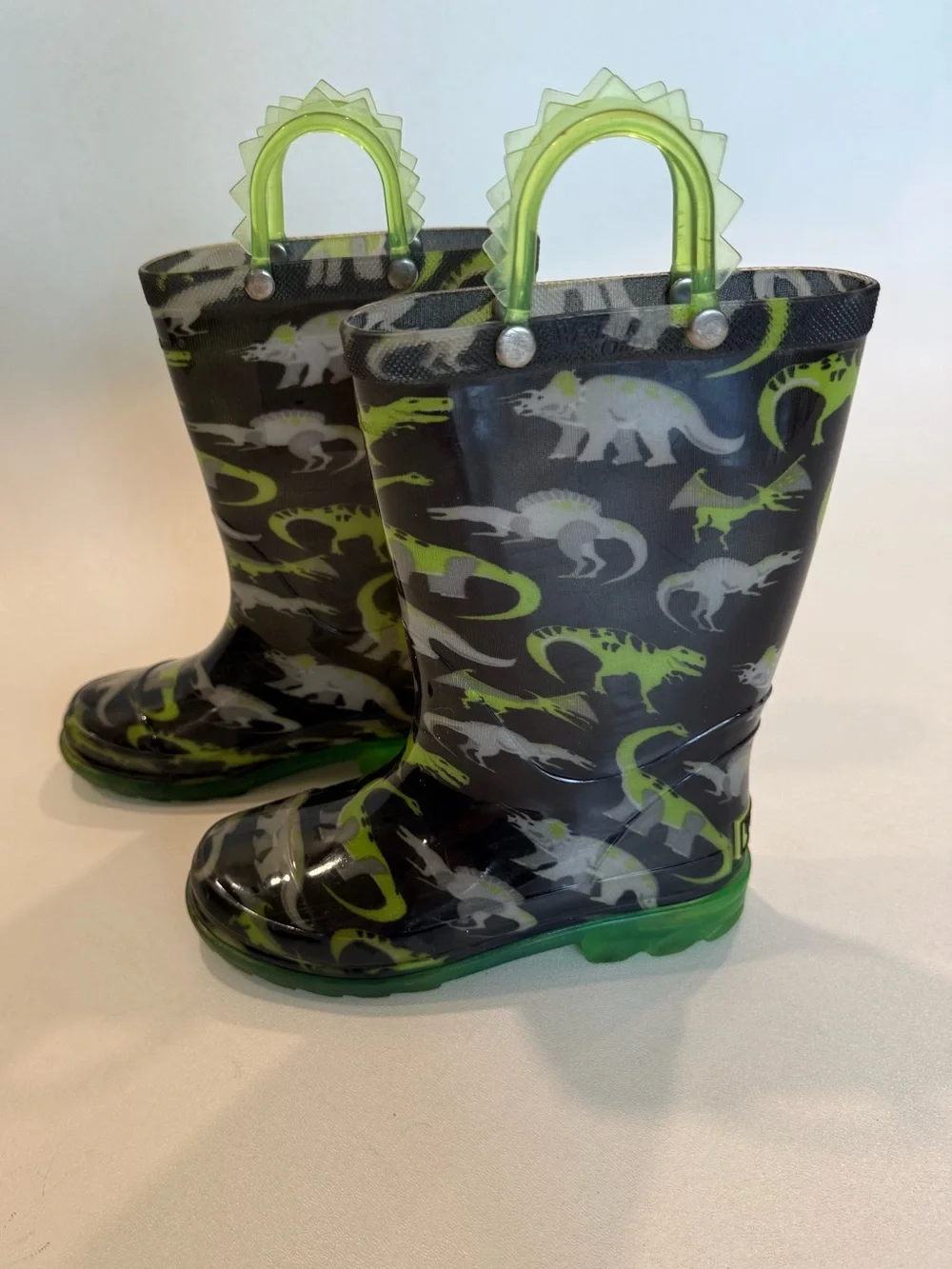 Western Chief Wade Dino Light Up Rain Boots Boys Size 11 Dinosaur Black Green